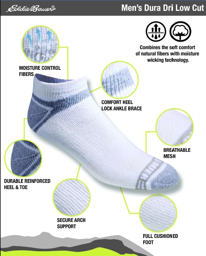 Eddie Bauer Men's Dura Dri Moisture Control Quarter and No Show Socks, 6 Pairs - Image 3