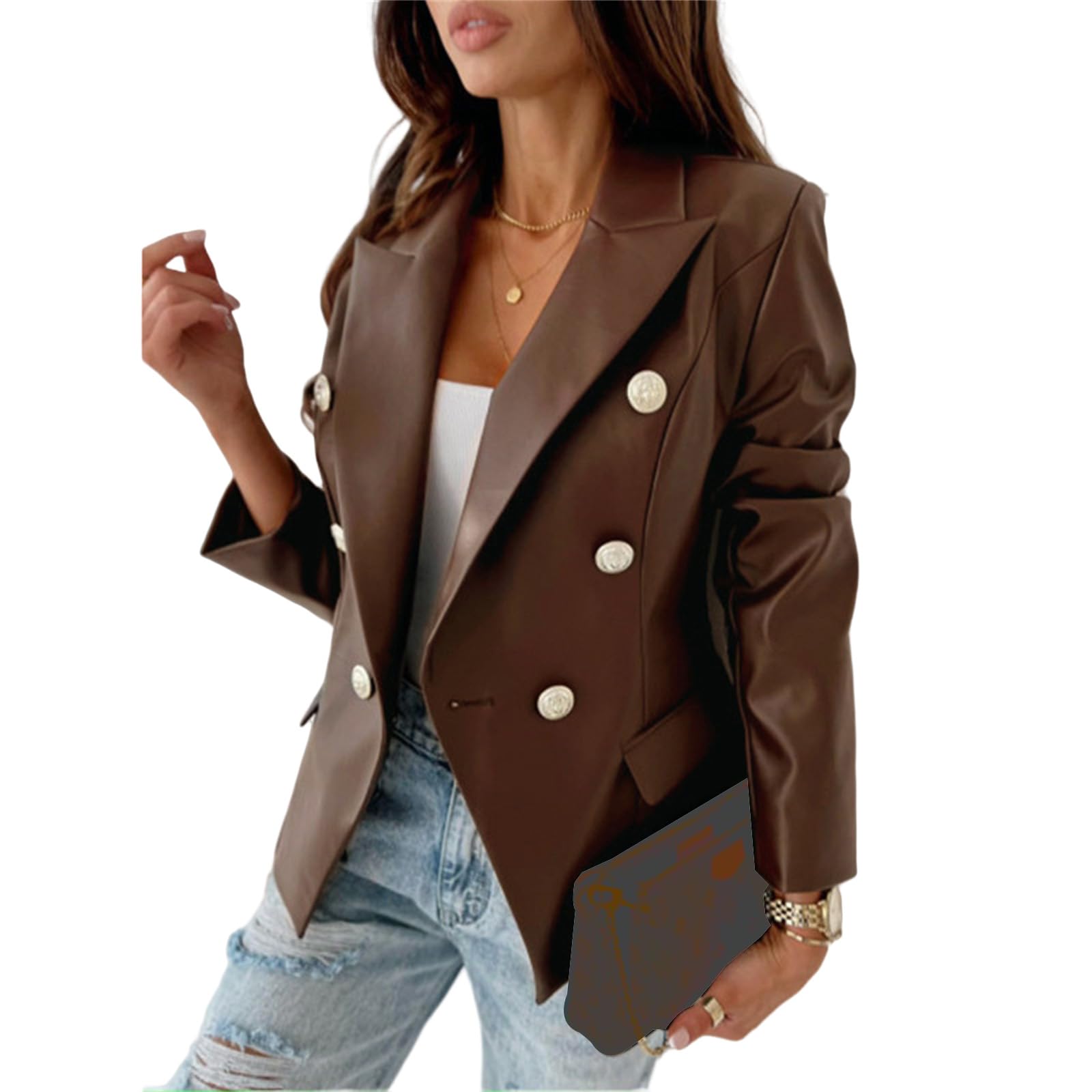 Womens Faux Leather Jacket Double Breasted Blazer Leather Jacket Slim Lapel Open Front Coat Fashion Moto Biker Coat