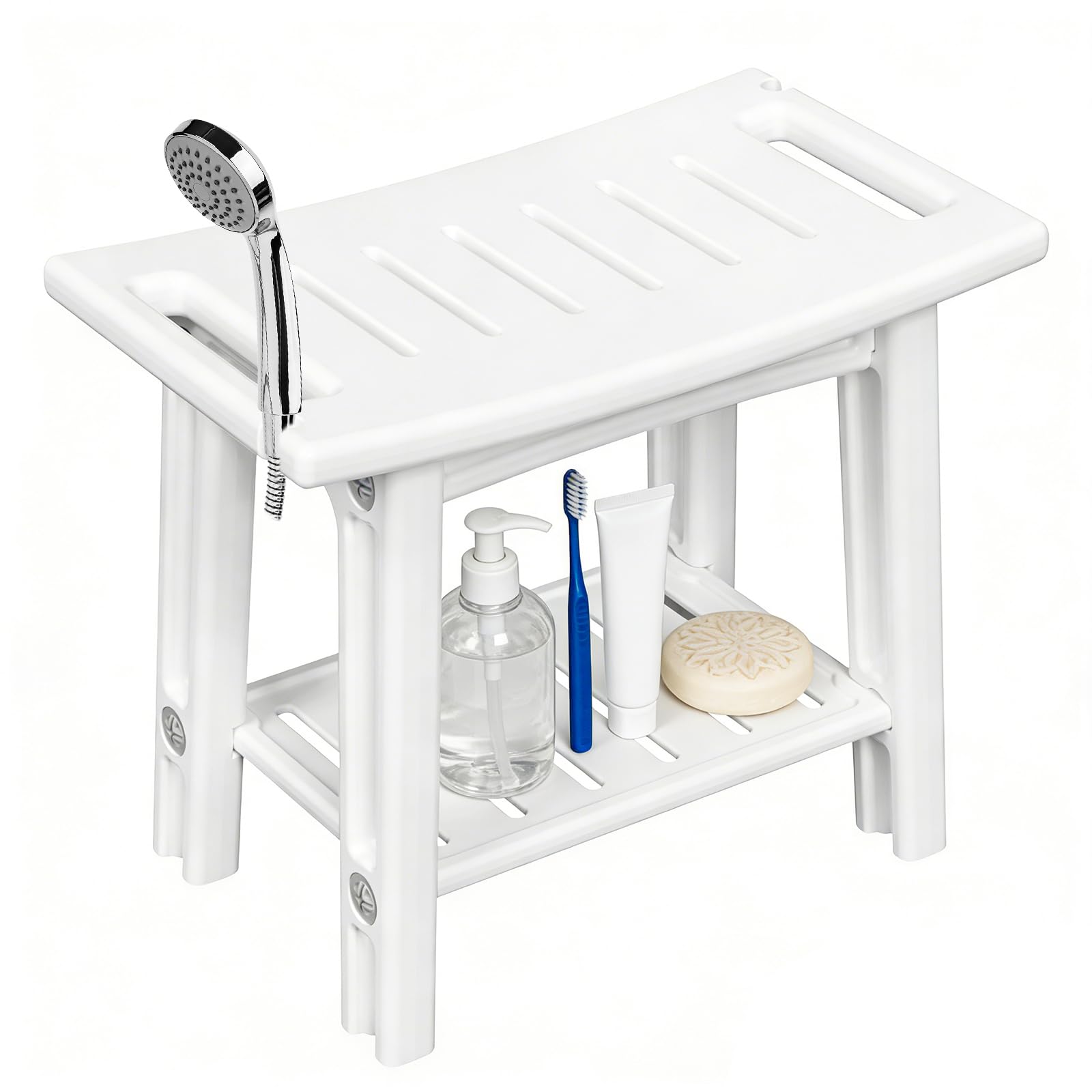 Silla de ducha impermeable, taburete de ducha impermeable con asidero, taburete de baño con soporte para el cabezal de ducha, silla multiusos con capacidad de carga de 150 kg, 56 x 32 x 46 cm (blanco)