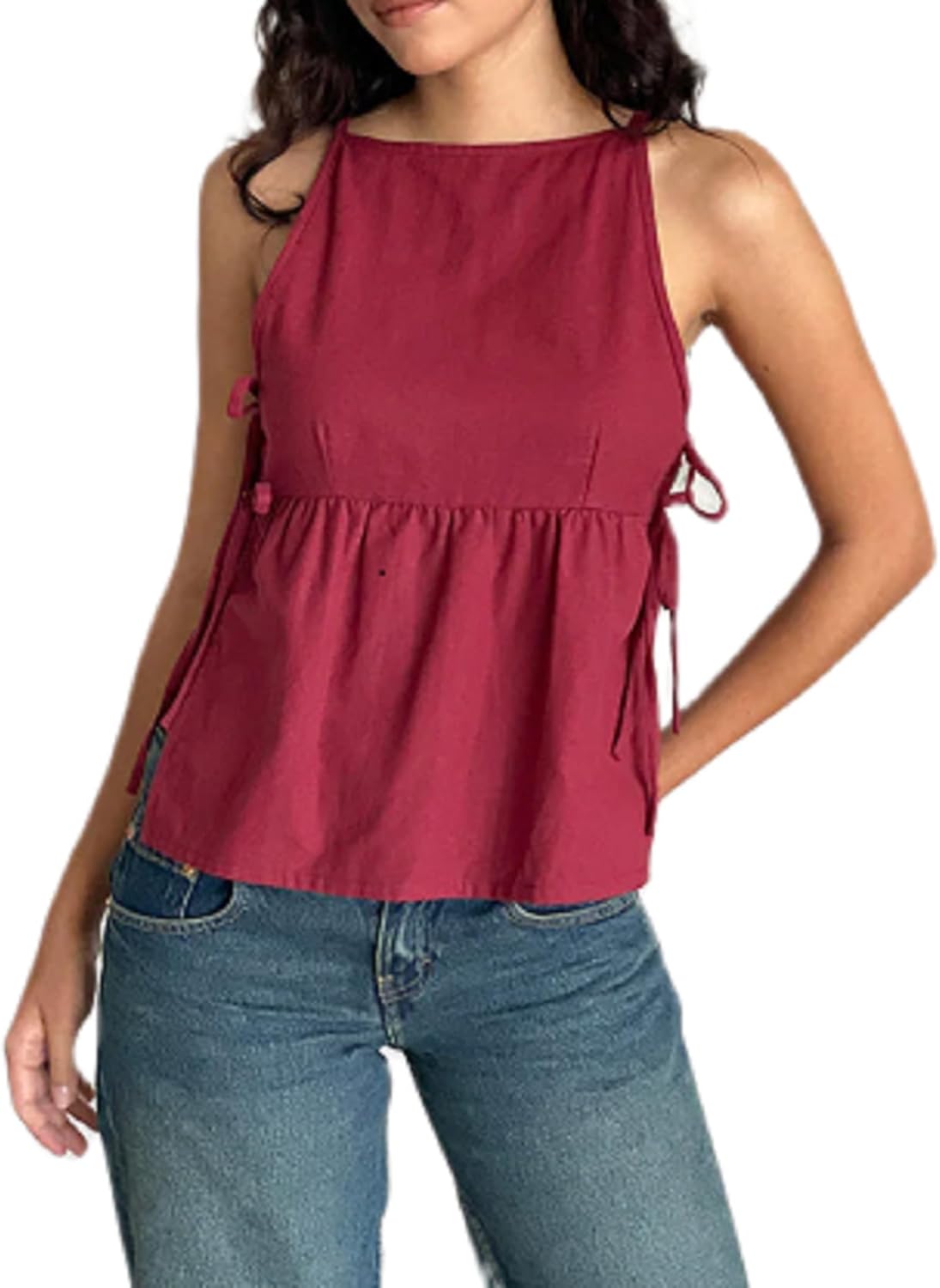 Women Cutout Side Tie Tank Tops Eyelet Sleeveless Babydoll Tops Bandage Embroidered Crop Vest Summer Going Out Vest
