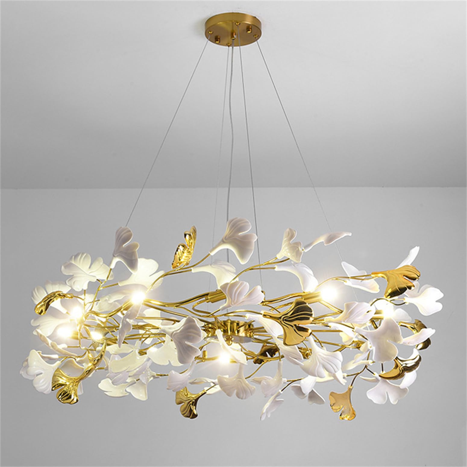 KXEcoLife Modern Chandeliers for Dining Room,D80cm Round Tree Branch Chandelier Living Room, Brass Ginkgo Leaf Light Fixture Bedroom Kitchen Island