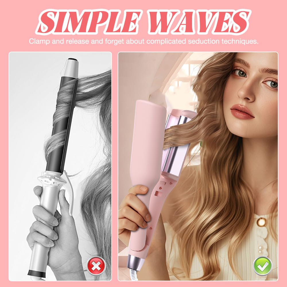 Rizador Pelo Ondas, 32 mm Rizador de Pelo, Ondulador de Pelo con 5 Temperaturas, Ondulador de Pelo Iónico, Rizador de Rollos de Huevo (Rosa)