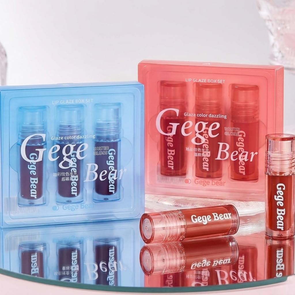 Gege Bear Lip Glaze Gloss Set | Moisturizing Water-Based | Glossy Korean Style Makeup Look | Long-Lasting Glass Shine Finish | Pack of 3 Shades Liquid Lipstick Sets | Nude & Red Tones | Smooth Dazzling Watergloss For Women (Set A ( Shade 01, 02 & 03 ), 7.5g)-image-27