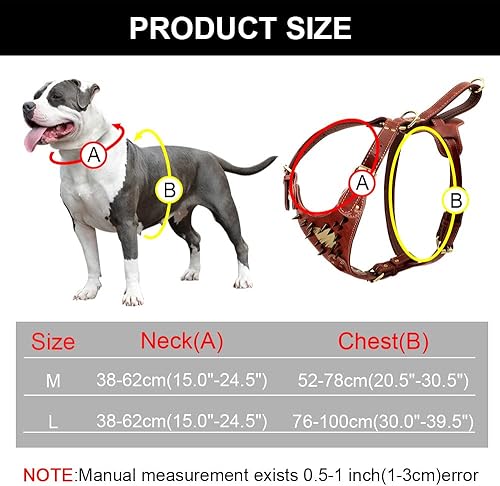 Miniatura 6 de YUEHAN Arnés de cuero personalizado para perro, arnés de perro con tachuelas, arnés de cuero personalizado para perros medianos y grandes, Pitbull