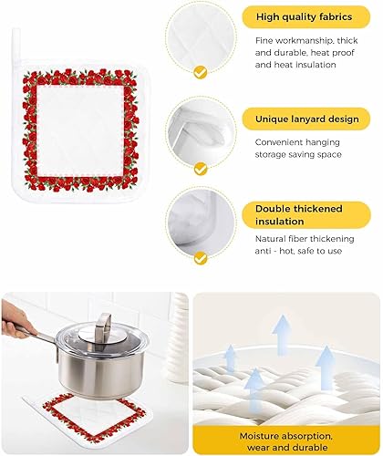 Miniatura 2 de 2 Packs Red Rose Floral Pot Holders Sets for Kitchen,Oven Pan Plate Bowl Pads Heat Proof Mat with Hanging Loop,Terry Cloth Potholders Soft Grip for
