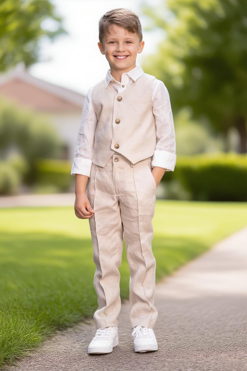 Completo da smoking per ragazzi, 2 pezzi, in lino, con pantaloni lunghi, per adolescenti, ragazzi, bambini, matrimoni, estate