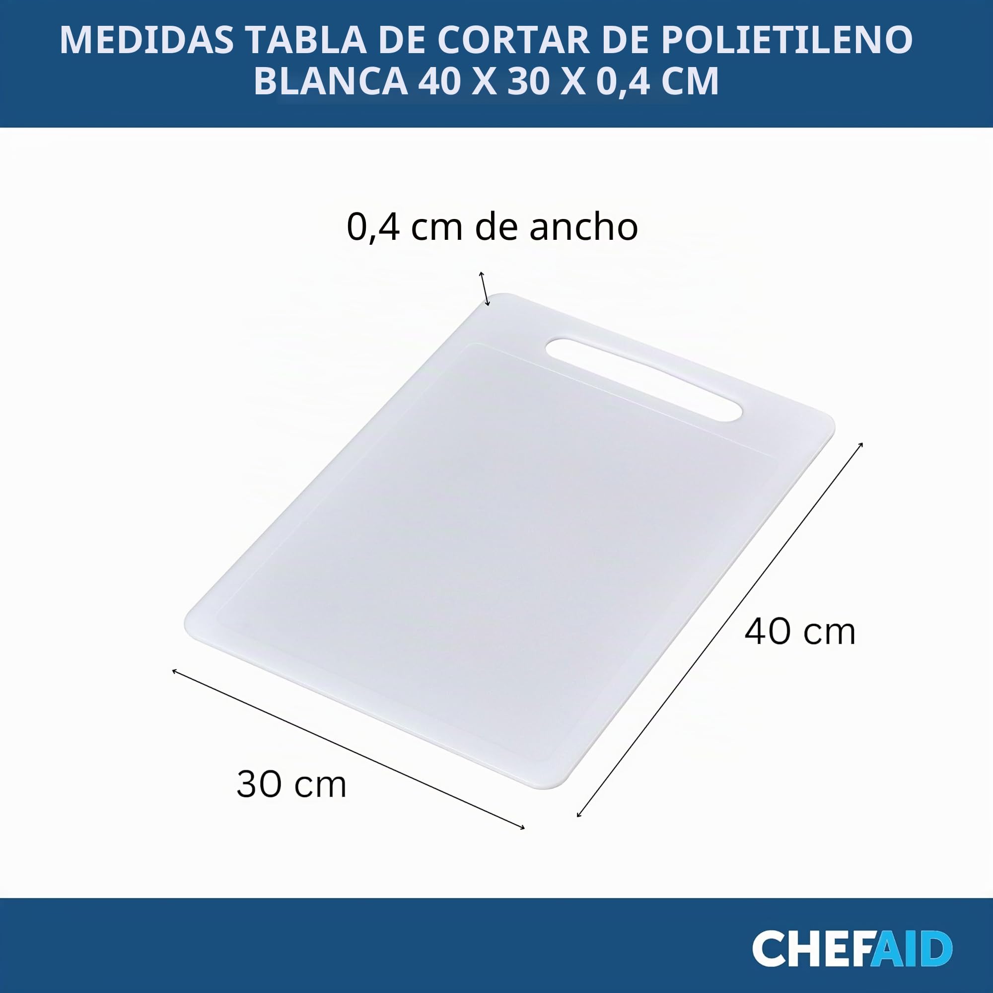 Chef Aid Tabla de cortar grande polietileno blanco 40x30x0,4 cm antideslizante apta lavavajillas