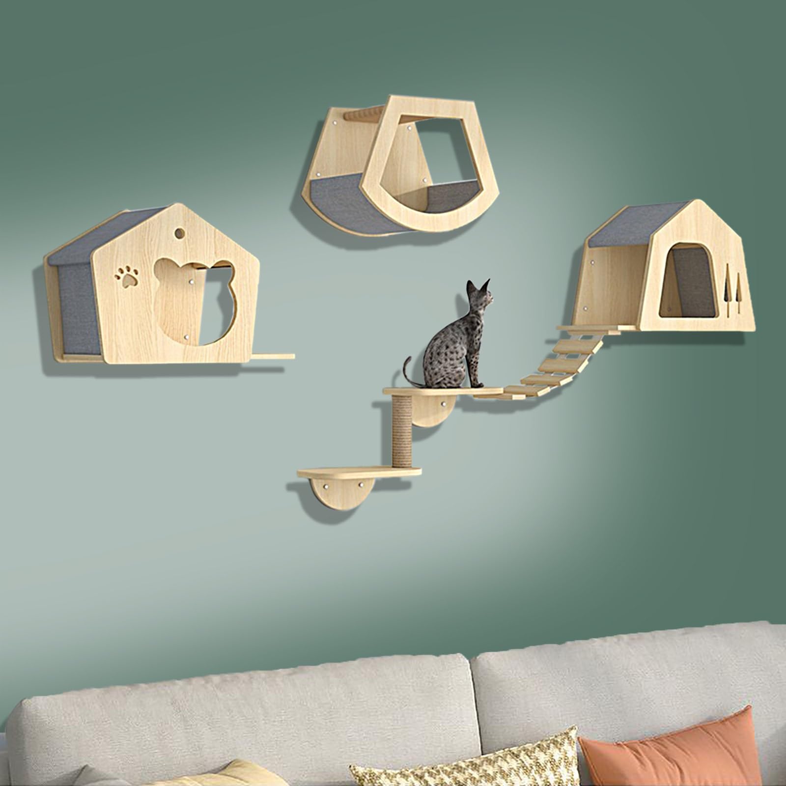 Percorso da Muro per Gatti, Mensole per Gatti, Legno di Pino, Set di Mobili, Ripiani e Trespoli per Parete, Tiragraffi per Parco Giochi con Ripiano per Arrampicata(5pcs)