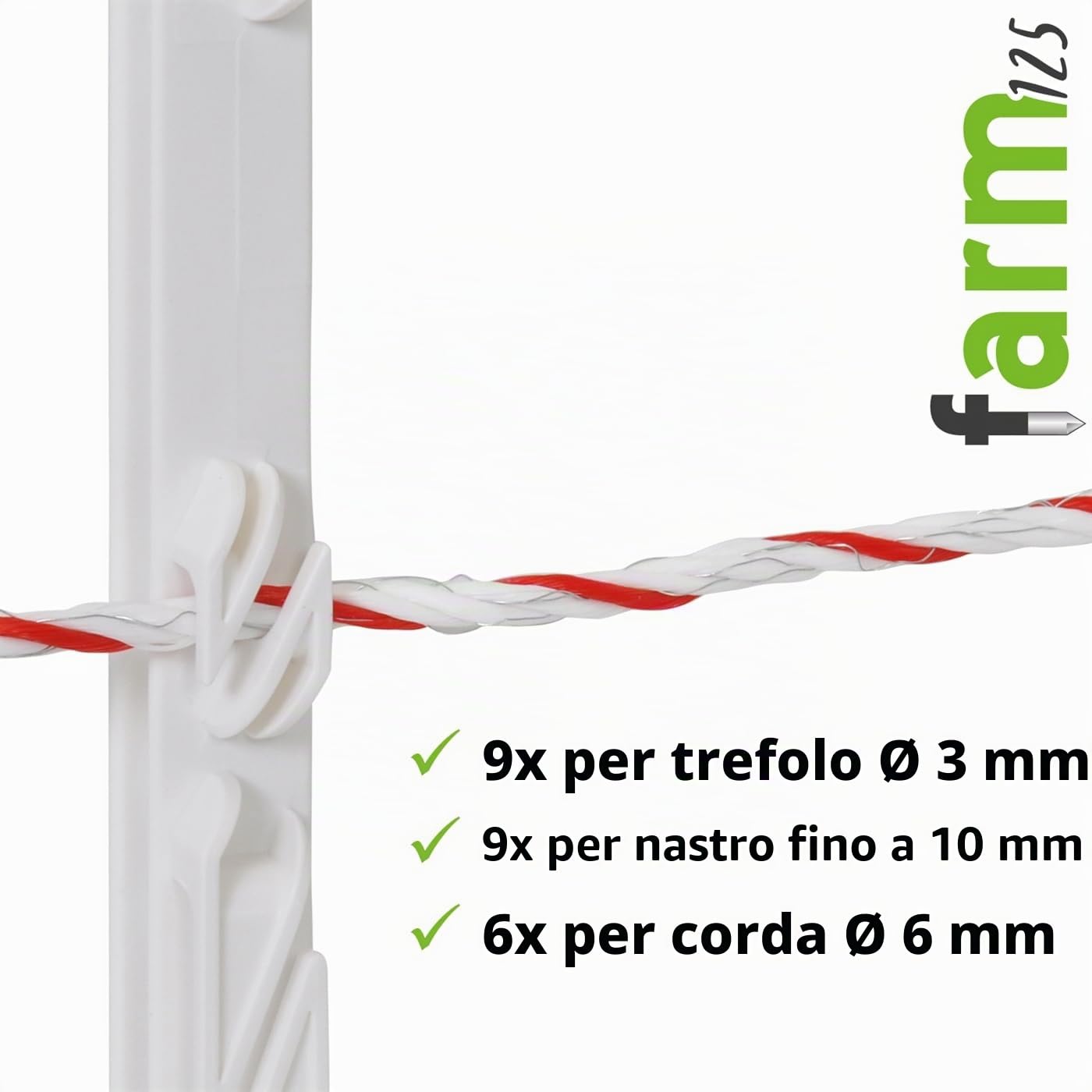 VOSS.farming 20 pz. Pali per recinzioni elettriche Farm 125", con 9 Occhielli, Colore Bianco