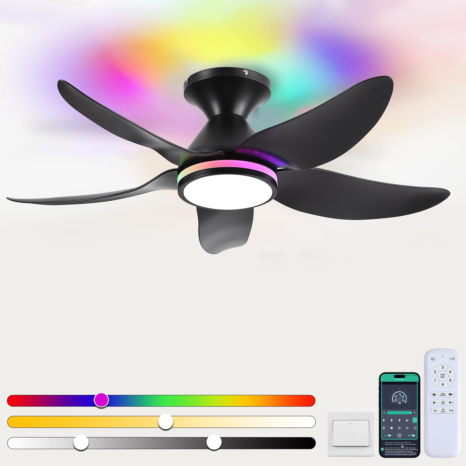 Kviflon 38 In Ceiling Fans with RGB Ring Lights Remote/APP,5
