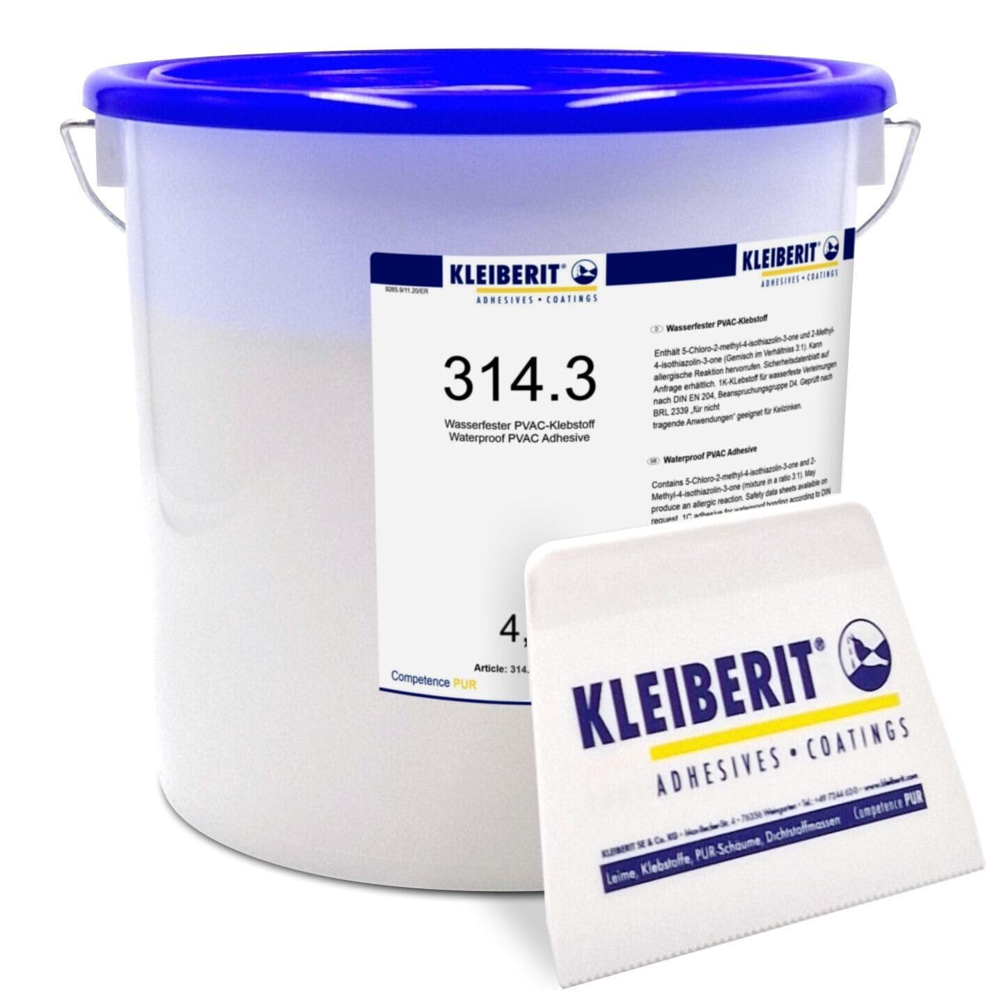 KLEIBERIT 314.3 Holzleim D3 – PVAc Dispersionsleim 4,5 kg Eimer – wasserfest nach D3 für Holz, Furnier, Flächen- & Kantenverleimung – kurze Presszeit, hohe Festigkeit – inkl. Leimspachtel