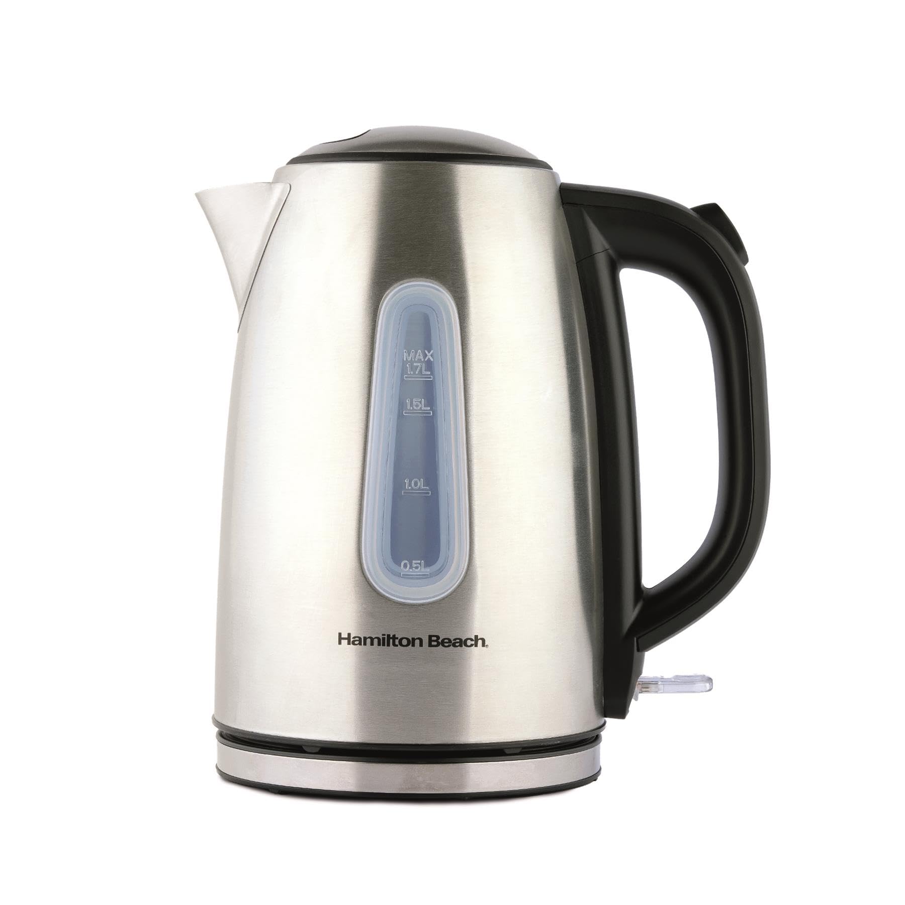 Hamilton Beach Electric Kettle, Rise, 1.7L, Brushed Stainless Steel, 3kW Rapid Boil, Boil Dry Protection, Auto Shut Off, Push Button Lid, Water Level Window, 360° Base - HB01402B