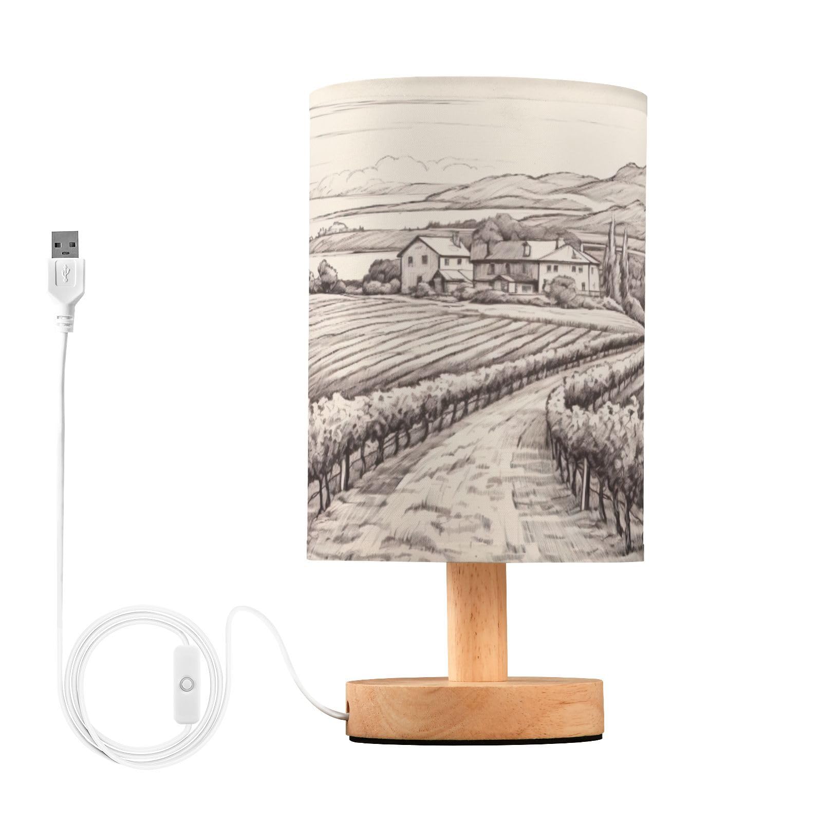 SDMKA Vineyards and Trees Bedside Table Lamp for Bedroom, Minimalist Nightstand Lamp with Round Fabric Shade for Living Room, Office, No Bulb Required