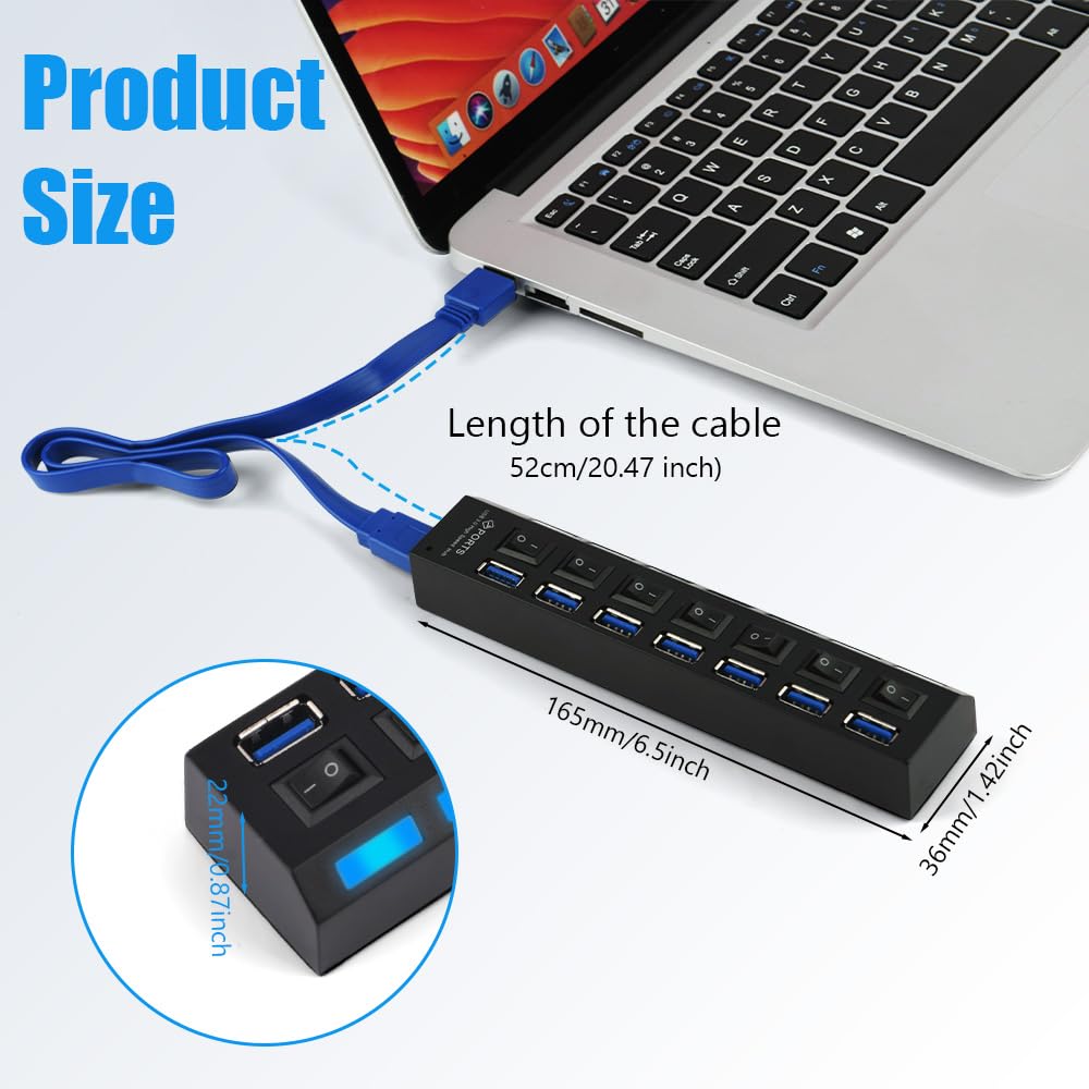 OFFCUP Hub USB 7 portów z zasilaczem, rozdzielaczem USB, aktywnym hubem USB 3.0+2.0 z indywidualnymi przełącznikami i wyświetlaczem LED, plug & play, do laptopów, komputerów MacBook i innych urzą