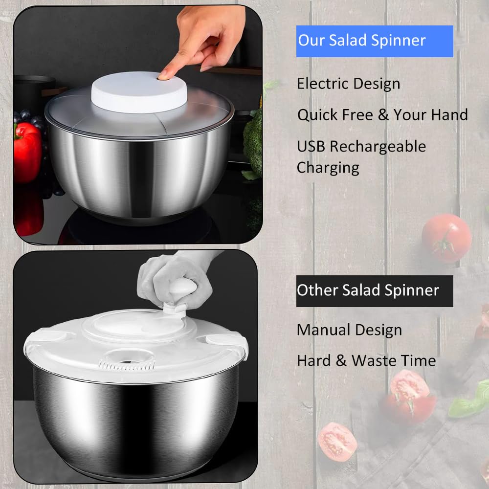 Elektrische Salatschleuder USB Wiederaufladbare Salatschleudern zum Waschen und Trocknen von Salat, Edelstahl 5L Salatschüssel fur Sieb, Gemüse und Obst