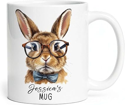 Personalized Funny Rabbit Wears Glasses Ceramic Cup, Unique Custom Choose Name Coffee Mug With Rabbit Design, Customized Rabbit Travel Tea Cup Gift For Students, Nerds On Birthday