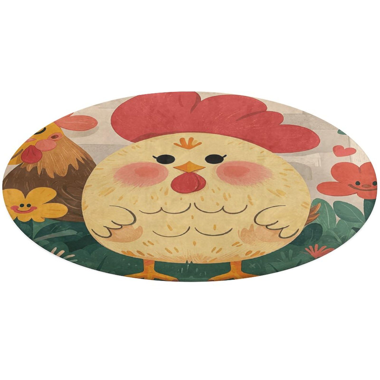Tapis de sol rond coq et poules en velours corail doux 80x80 cm