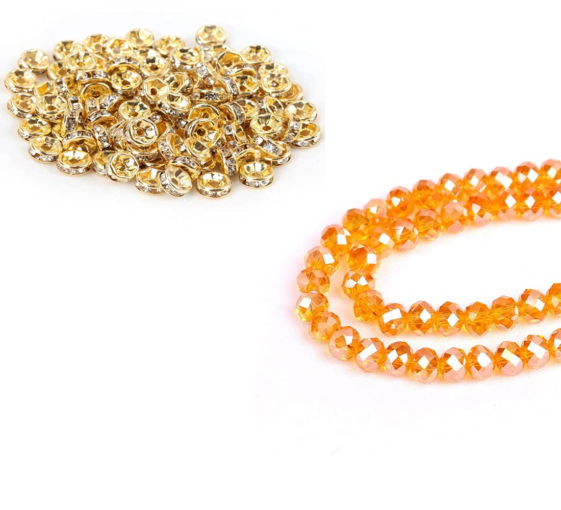 AN Sunshine Combo of Crystal & Rhinestone Bead Spacer Jewellery Findings Art & Craft Material 50 Spacer Beads & 6mm Round Loose Beads 120 Pcs Orange AB