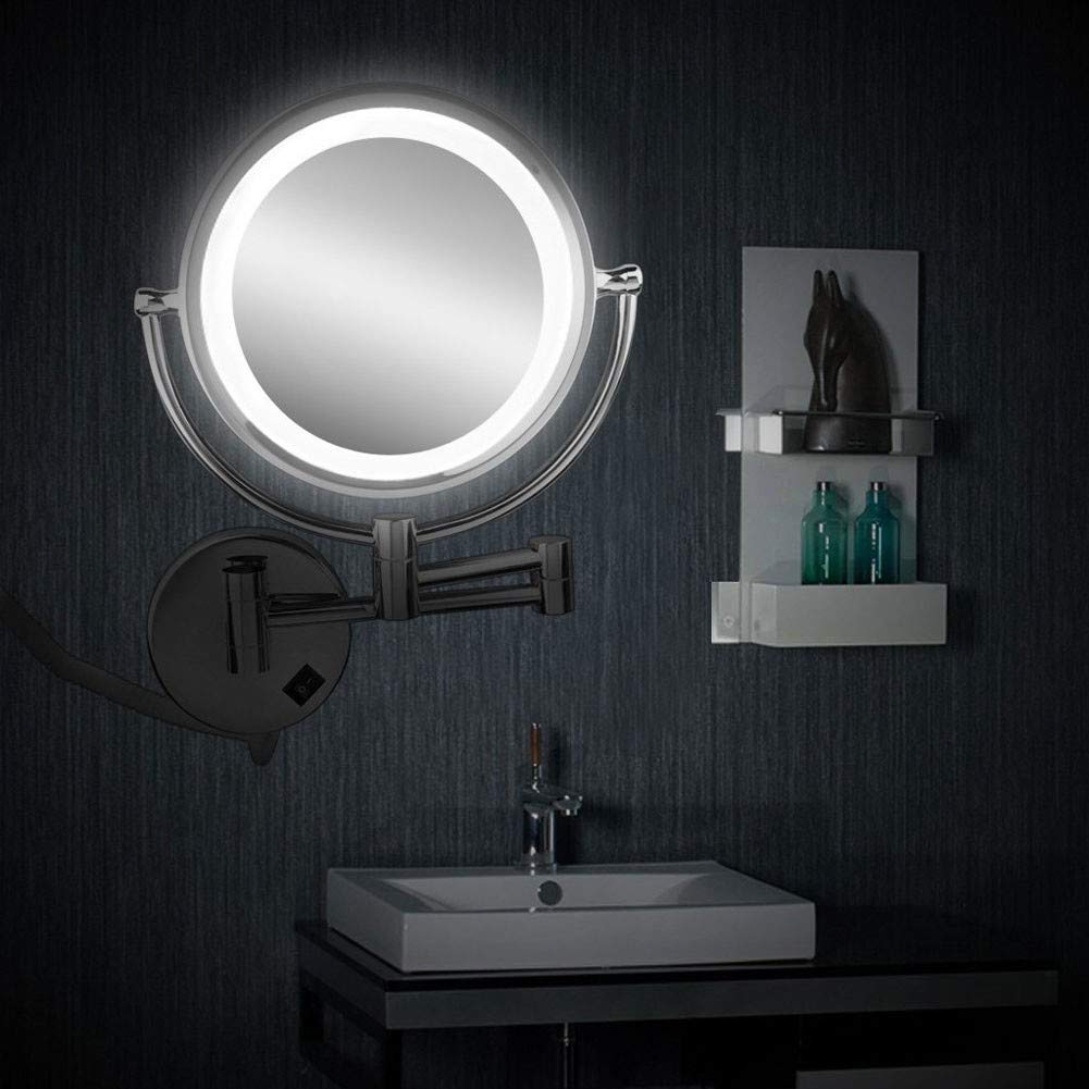 Espejo de baño de 8,5'' montado en la pared, espejo de maquillaje con iluminación LED, aumento de 10X, dos superficies giratorias, redondo, extensible y acabado cromado, espejos de afeitar c