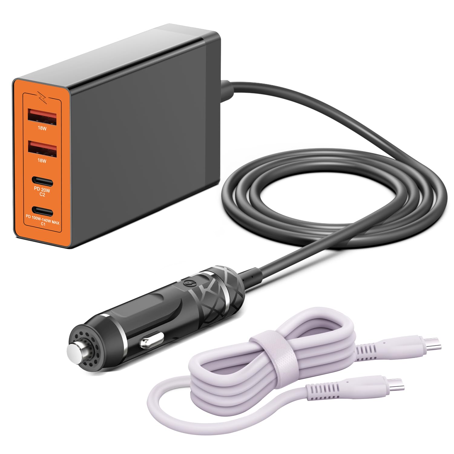 HKY 4-Port 140W 100W USB C Car Charger Fast USB-C Power Adapter for Anker SOLIX C200 C300 Jackery Explorer 240 v2 Portable Power Station DJI Mavic 3 Pro Drones Handheld Gaming PC Charging Station