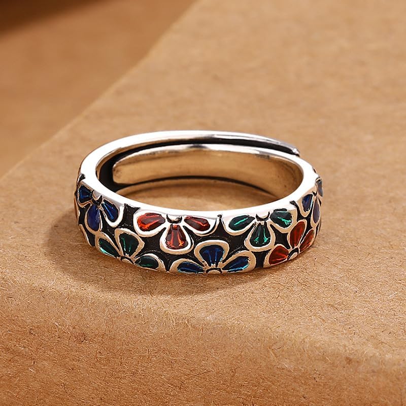 Metmejiao Vintage Plum Enamel Cloisonne Ring Women Engagement Party Ring Jewelry 925 Sterling Silver Handmade Colorful Enamel Plum Flower Ring