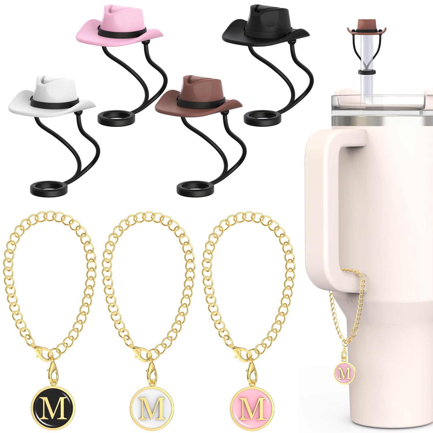 4Pcs Cowboy Hat Straw Cover Cap with 3pcs Letter Charms for Stanley Cup 30 40 oz, 0.4in 10mm Cute Funny Soft Silicone Straw Toppers Accessories Dust-Proof, Reusable Straw Tips Protectors(M)