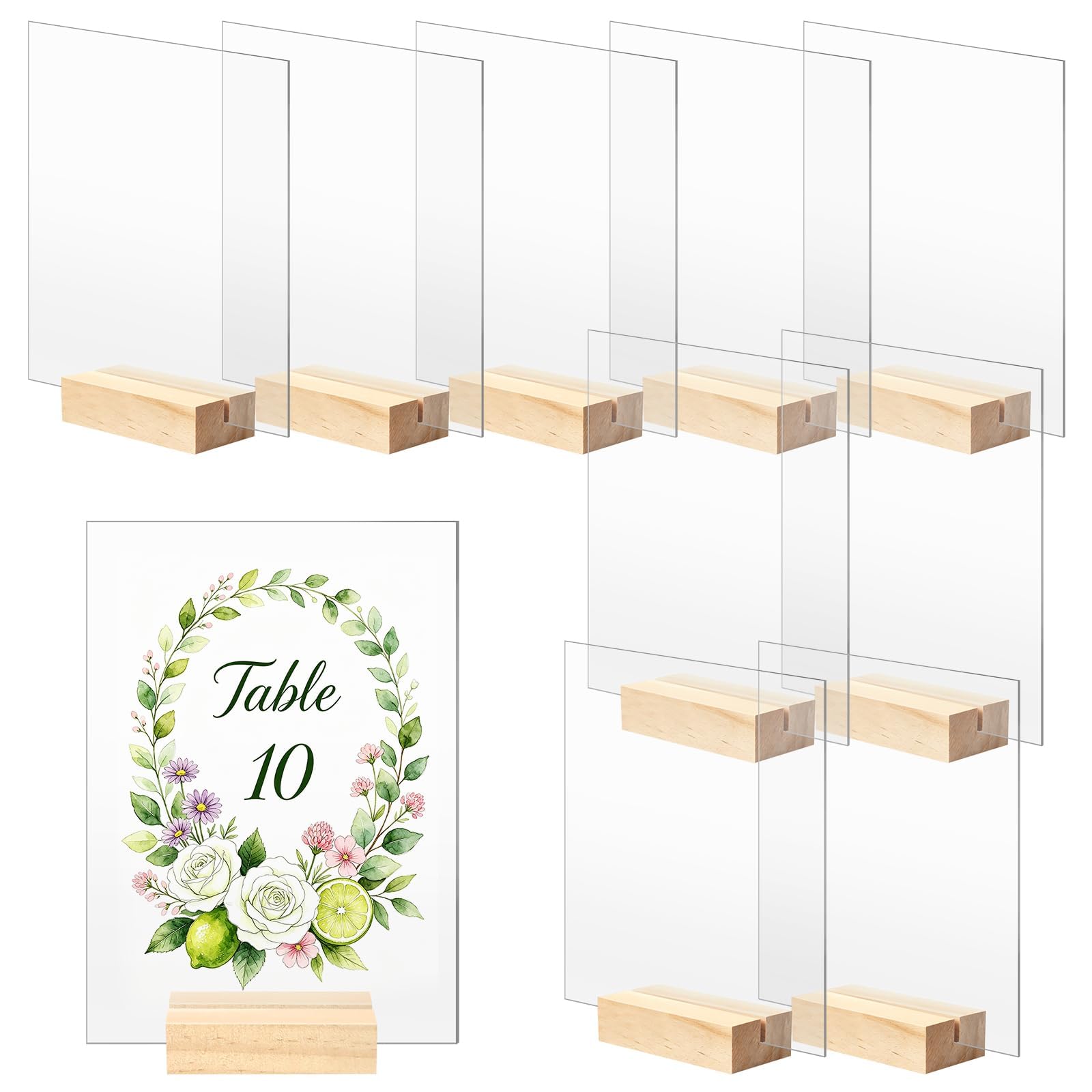 Bercoor 10 Pack 5x7 Inch Blank Clear Acrylic Sign with Wooden Stands, Rectangle Top Acrylic Sheet, DIY Acrylic Rectangle Table Numbers for DIY Name Card Gifts Event Party Sign Decoration