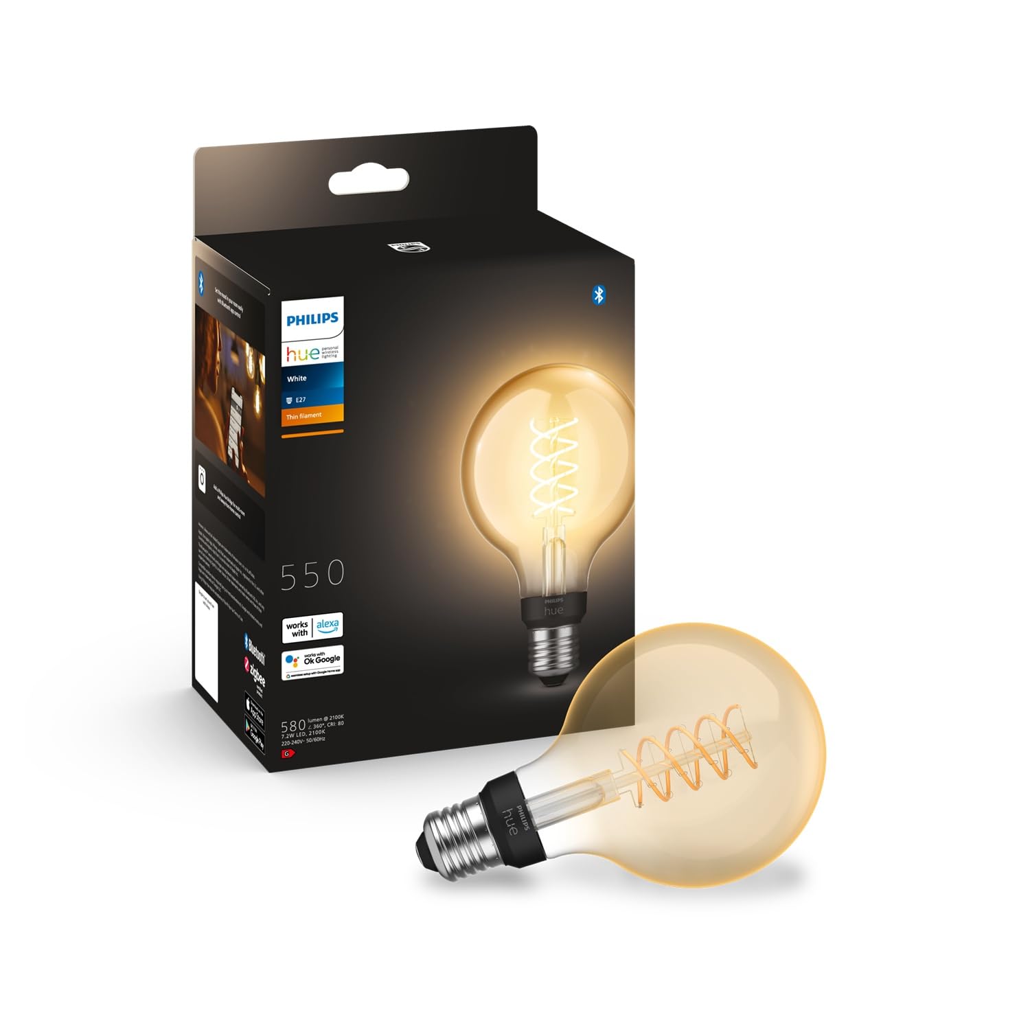 Philips Hue White E27 Filament G93 580lm, warmweißes Licht, dimmbar, steuerbar via App, kompatibel mit Amazon Alexa (Echo, Echo Dot)