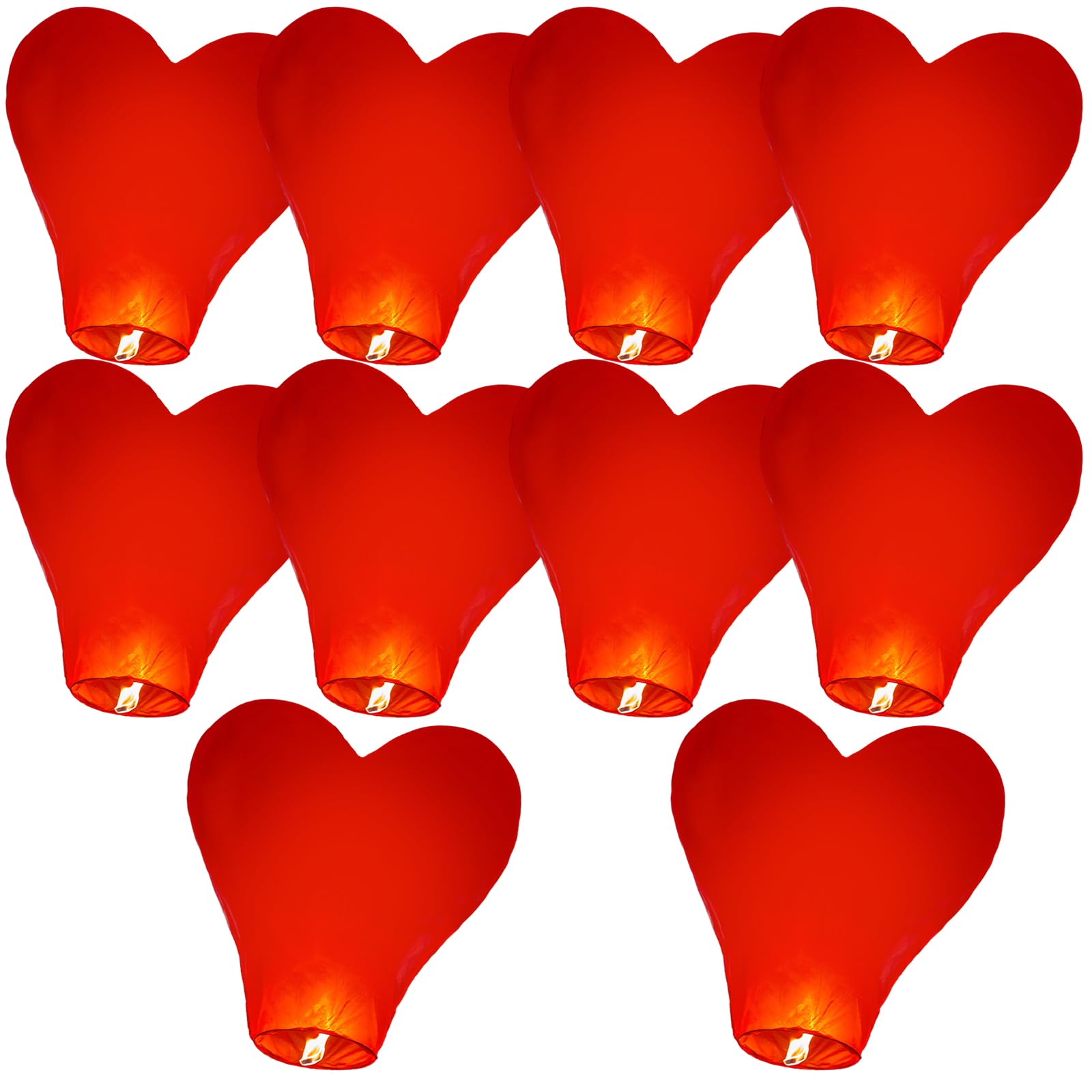 Chinese Sky Lanterns, 10 Pack Red Heart Shape - No Assembly Required, Beautiful for Weddings, Birthdays, Christmas, Parties, New Years Eve