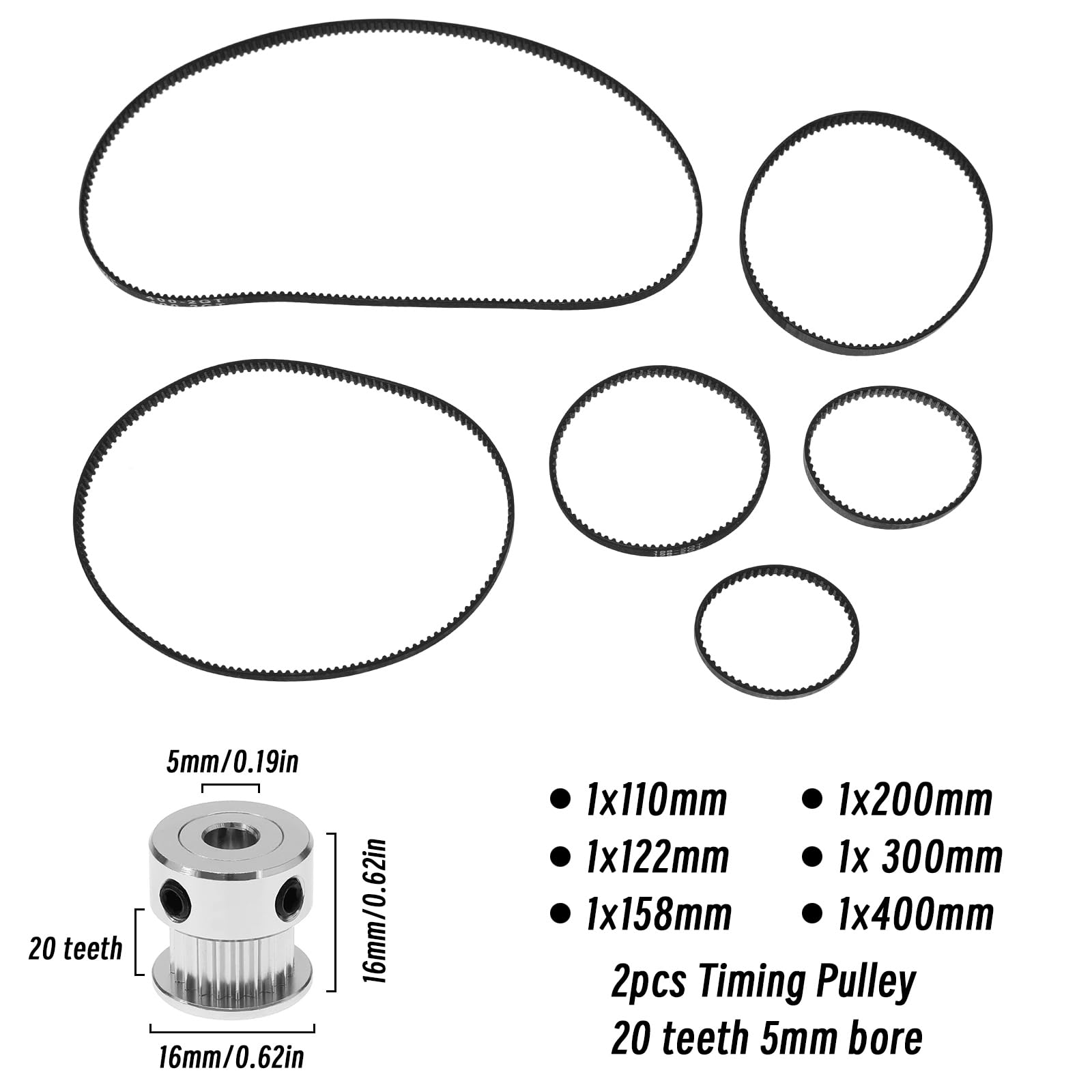 Pasek rozrządu do drukarki 3D 2GT-6 110 mm, 122 mm, 158 mm, 200 mm, 300 mm, 400 mm, gumowy pasek o szerokości 6 mm i 2 szt. koła pasowego paska rozrządu, 20 zębów, otwór 5 mm, 6 szt