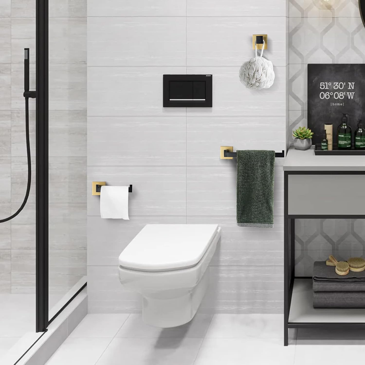 TURS 3-Piece Bathroom Hardware Set Black and Gold Hand Towel Holder Toilet Paper Holder Towel Hook Stainless Steel Towel Bar Set Wall Mounted