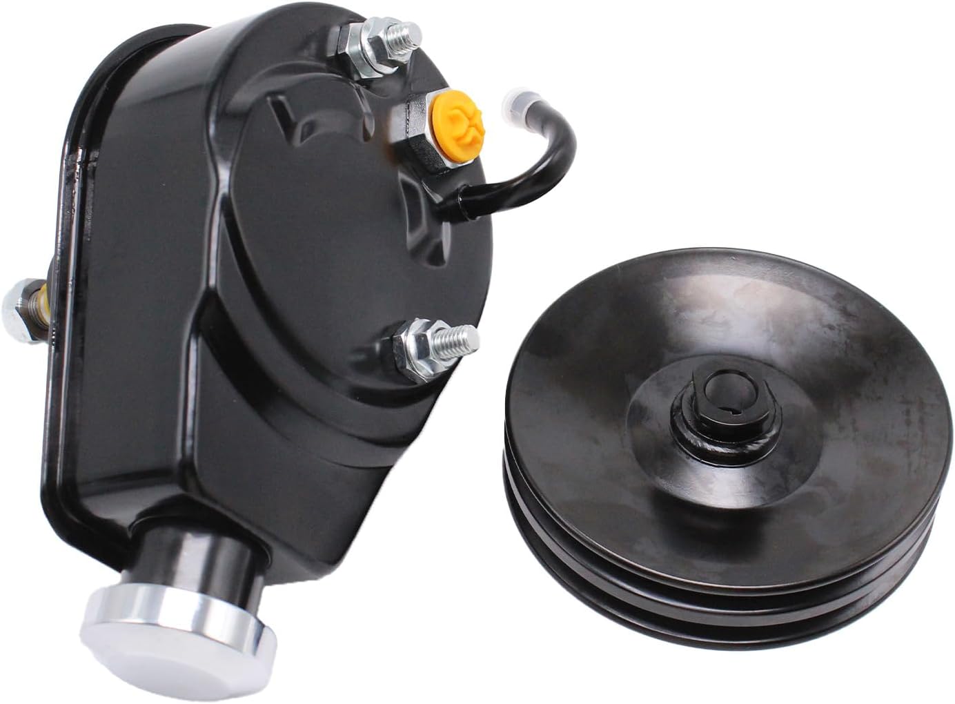 Power Steering Pump w/Double Groove Pulley Kit Replacement for GM Chevy SBC 265 283 305 327 350 383 400 with Keyway Units Long Water Pump Black Aluminum