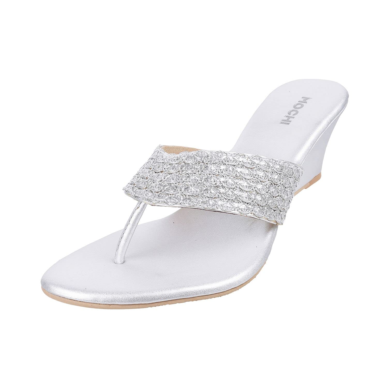 Mochi Women Silver Textured Strap Wedge Heel Ethnic Fashion Slip Ons UK/5 EU/38 (32-38) (B0BF261LDT) Amazon Price History, Amazon Price Tracker