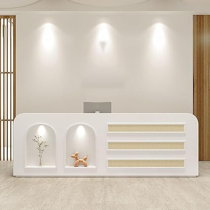 Modern Reception Desk with Storage Cabinet, Lockable Drawer, Double Tabletop – E1 Grade MDF Front Desk for Office, Salon, Retail & Reception Areas(White,L63 xW24 xH39)