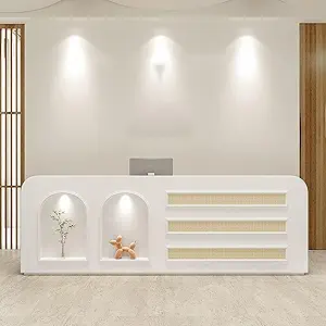 Modern Reception Desk with Storage Cabinet, Lockable Drawer, Double Tabletop – E1 Grade MDF Front Desk for Office, Salon, Retail & Reception Areas(White,L63 xW24 xH39)