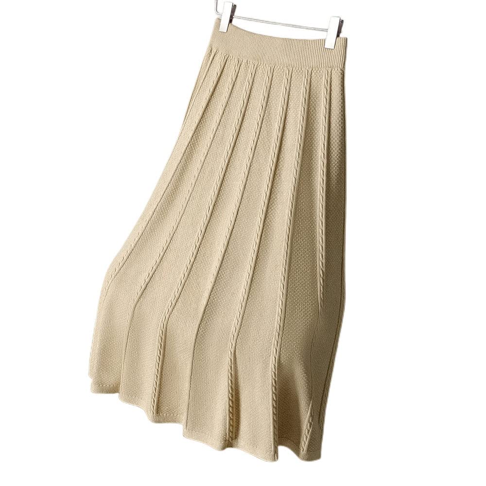 Damen Strickrock,Damen Midirock Gelb Elastic High Waist Vintage Jacquard Faltenrock Slim A-Line Swing Gerafft Herbst Winter Lange Röcke Für Mädchen Damen