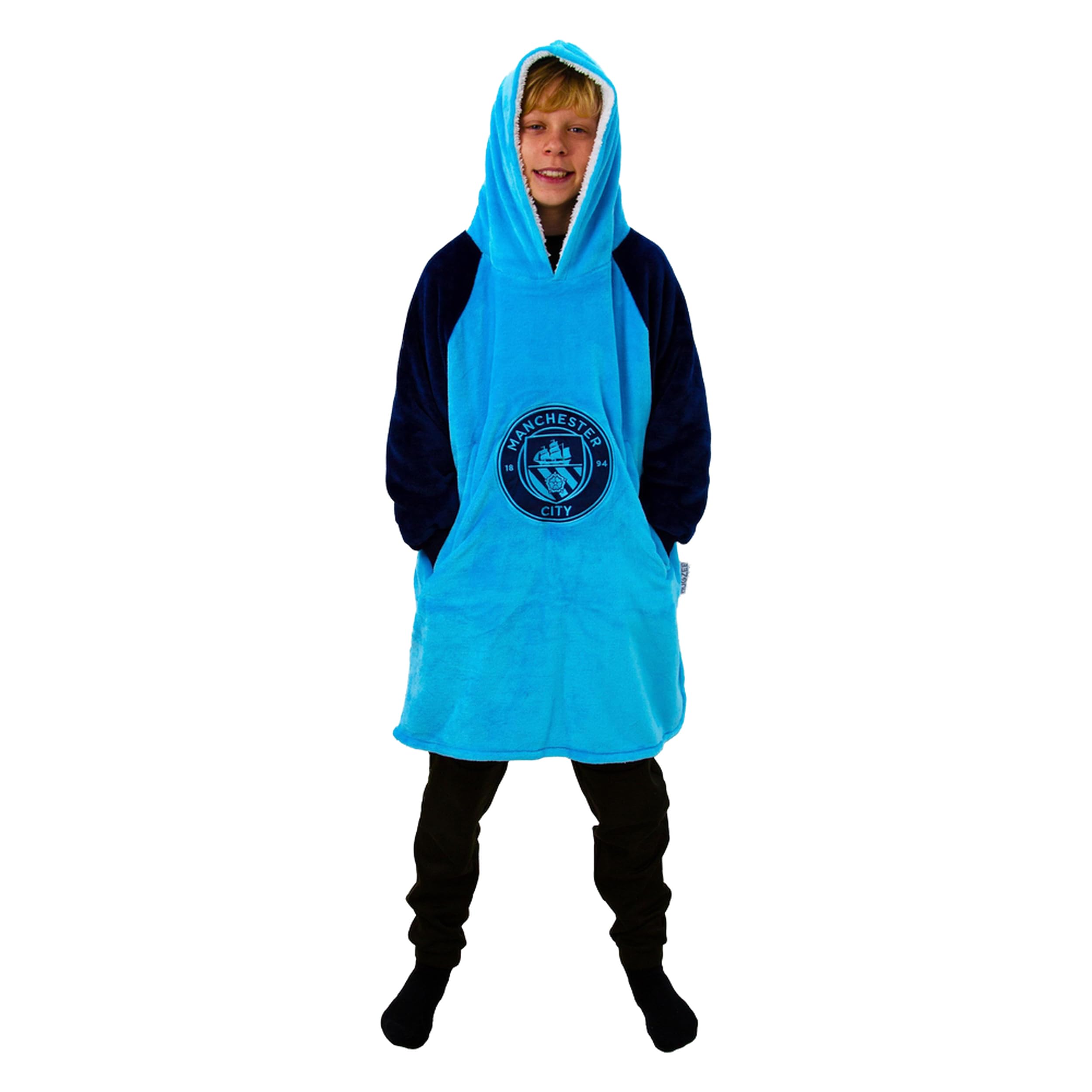 Character World Hugzee Oversized Hooded Wearable Fleece Blanket | Super Warm and Cosy Premium Sherpa Lined, Manchester City FC Design, Perfect For Kids Aged 7-12 Years, One Size Suggested Height 75cm+