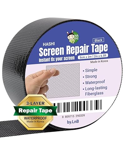 HA SHI Kit de reparación de pantalla para ventanas o puertas (2 pulgadas x 6.5 pies, negro) Cinta adhesiva fuerte de 3 capas, fabricado en Corea,