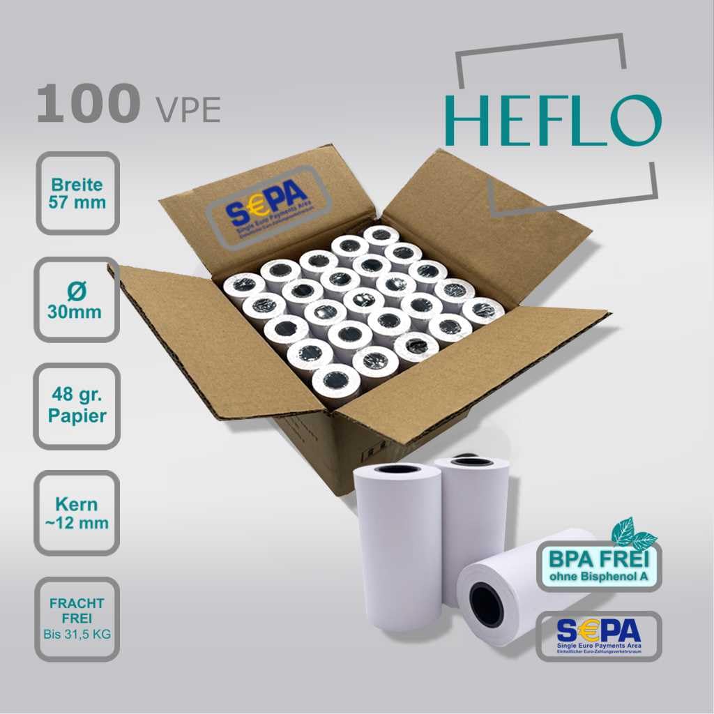 100 HEFLO 57mm X 30mm, 9m lang, BPA frei, SEPA Text, 48 g Thermopapier Kassenrollen, z. B. für SumUp 3G, Bixolon SPP-R210, Worldline YOXIMO u.v.a.