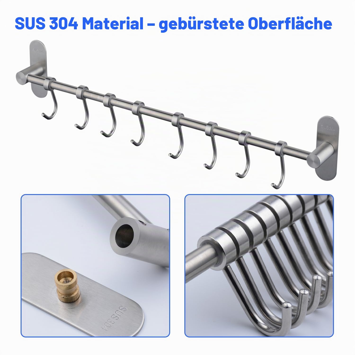 Küchenreling Küchenutensilienhalter aus Edelstahl rostfrei Hängeleiste Pfannehalter Tassenhalter mit 12 Haken Ohne Bohren