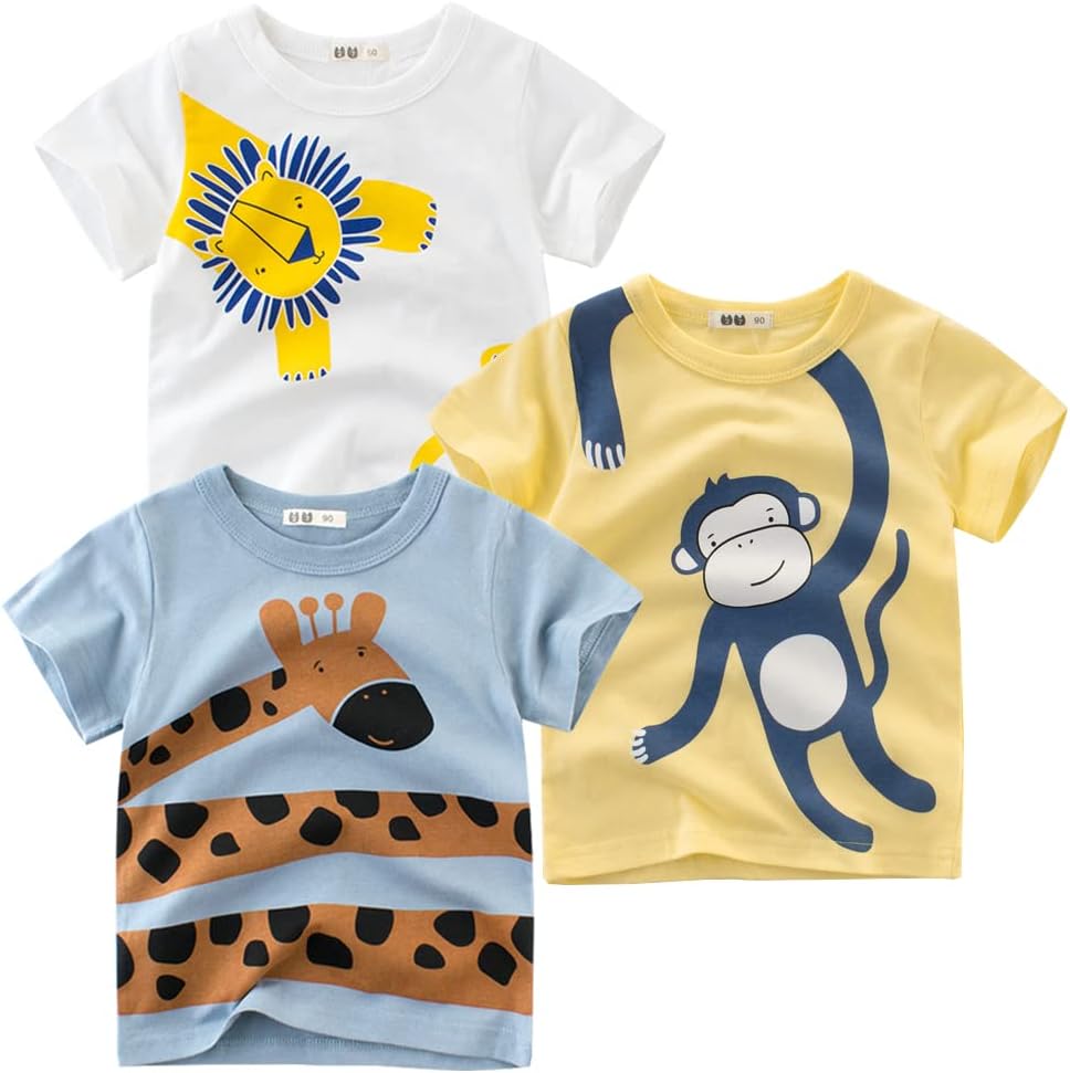 GFQLONG Toddler Baby Boys 3 Pack Crewneck Cotton Short Sleeve T-Shirt, Baby Summer Cute Cartoon Print Tees Shirts