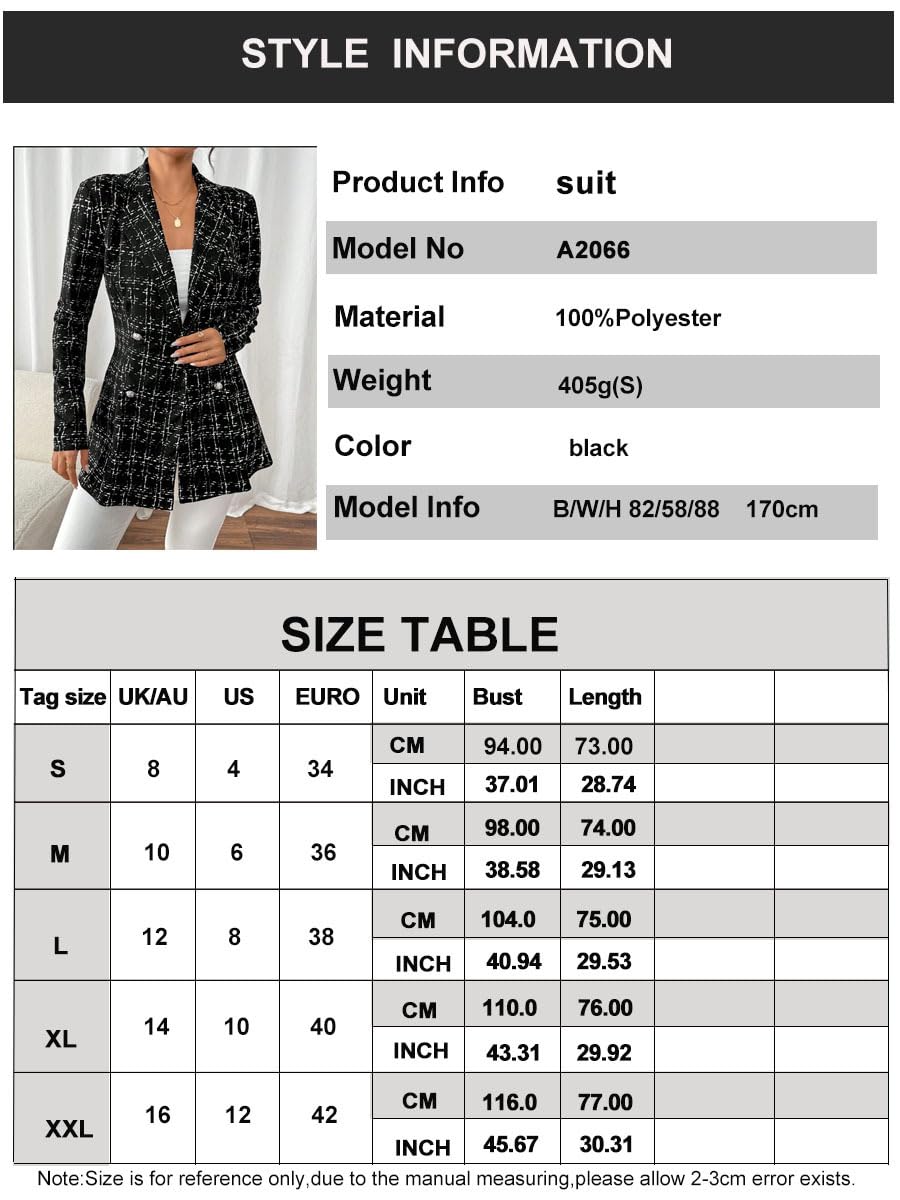 Blazer De Mujer - Abrigo De Tweed A Cuadros para Mujer Elegante Blazer Cruzado con Solapa Corte Entallado Largo Medio Estilo Línea A Chaquetas De Traje Ropa De Oficina Formal Abrigos