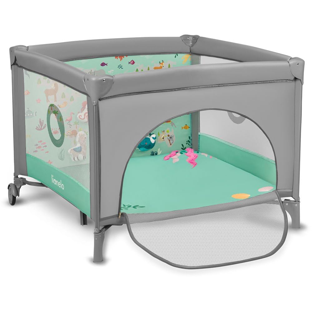 lionelo  Mille Lit de Voyage et Parc Bébé 100x100 cm jusqu'à 15 kg 0-36 Mois, Entrée Latérale Zippée, Matelas, roulettes Freinées, Pliage Facile, Sac de Transport