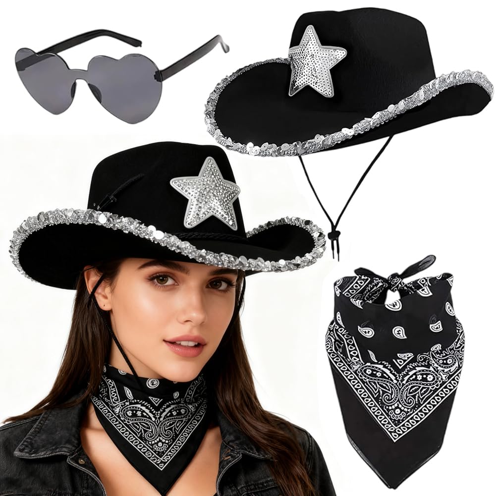 Jynkchrenzic Women's Glitter Star Black Cowgirl Hat Glitter Star Cowgirl Hat With Bandana & Heart Sunglasses,Black Cowboy Hat For & Men,Fancy Dress Cowgirl Hats For Festival, Hen Party, Rodeo