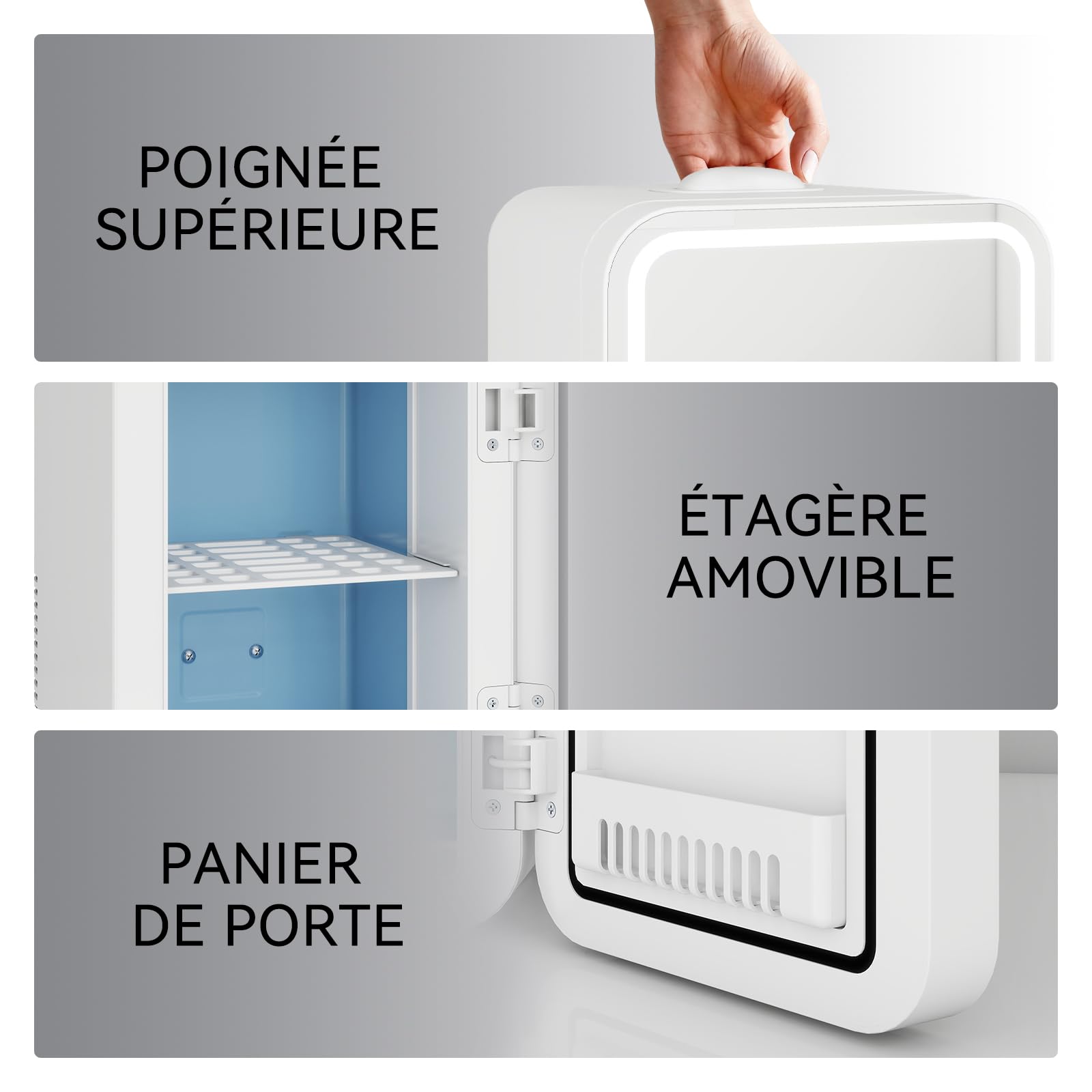 YU YUSING Mini Frigo Cosmetique 8L avec Miroir LED, Mini Réfrigérateurs Portable, Petit Frigo de Chambre 12V/220V avec Fonction Chaud/Froid, Miroir de Maquillage Led pour voitures, Blanc