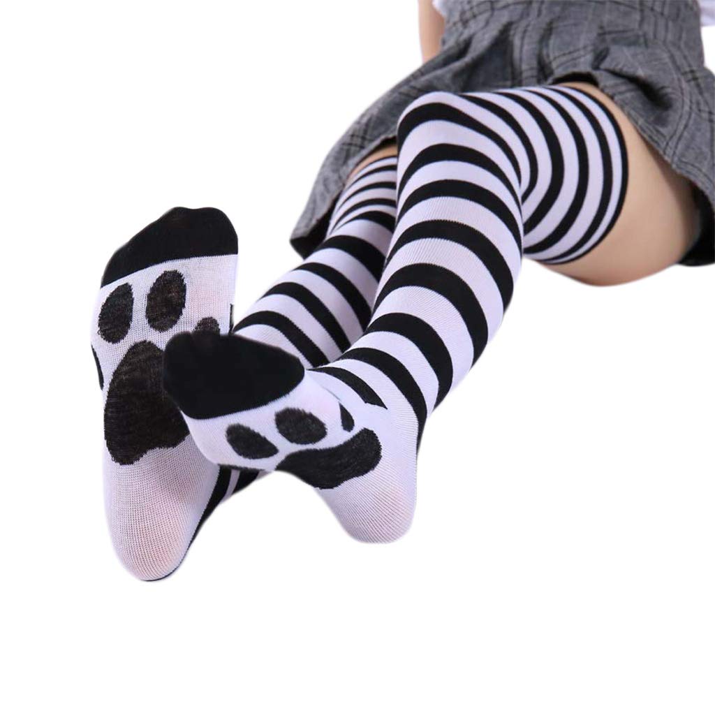 Xuebai Women Anime Over Knee Long Socks Kawaii Cat Paw Striped Thigh High Stockings Long Socks Black