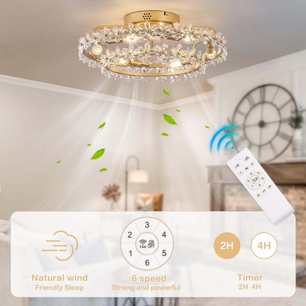 20" Chandelier Fan Bladeless Ceiling Fan with Light, Boho Fandelier Caged Ceiling Fans with Lights and Remote, Modern Flower Ceiling Fan with Light for Girl's Bedroom, Living Room
