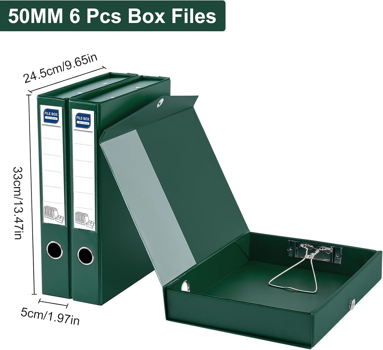 Storage File Boxes A4, 6 Pack Foldable File Box with Clip, 50mm Spine, Plastic Archives Cases with Magnetic Closure, Document File Folder Organizer Storage Filing Box for Office School, Green