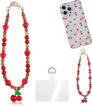Crystal Cherry Phone Wrist Strap with Mobile Lanyard Pads,Sparkling Red Phone Lanyard Chain,Phone Wrist Anti Lost for Women Girls