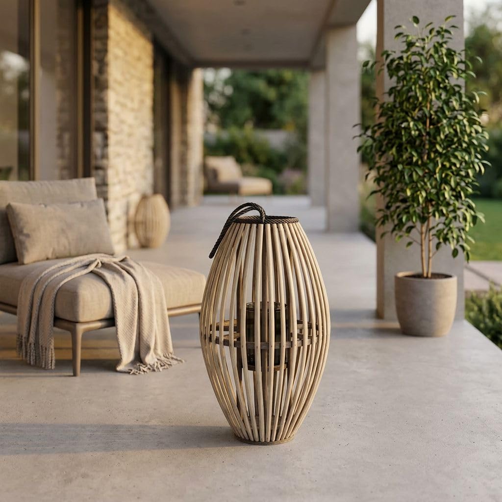 Milani Home - lanterna in vimini e vetro grigia, portacandela e portafiori, per portico e giardino